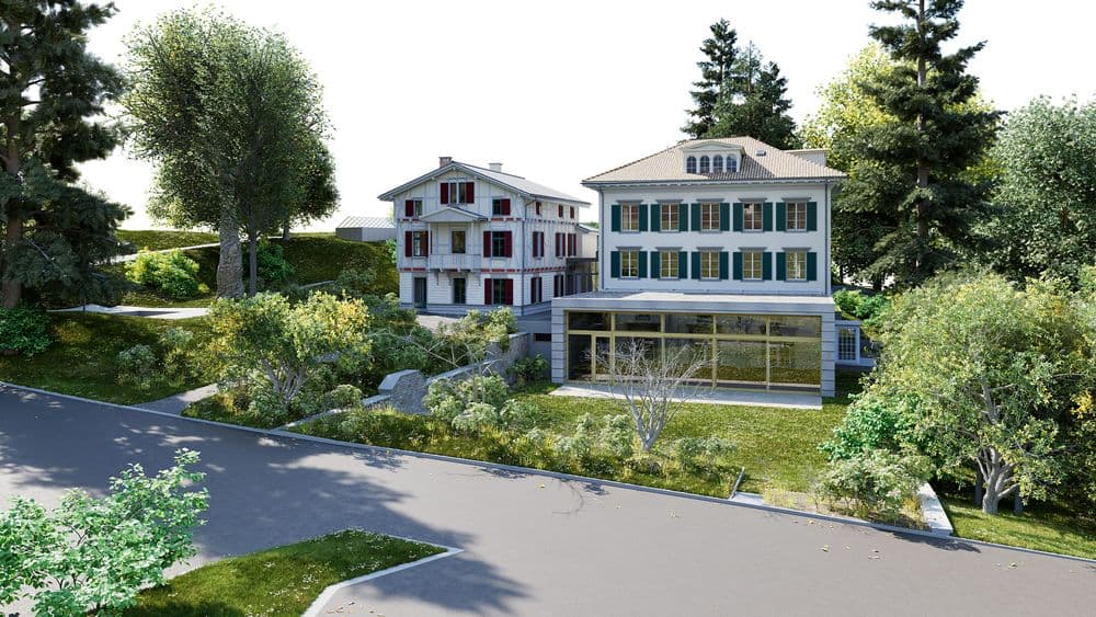 3D-Architekturvisualisierung zweier renovierter Villen mit grünen Fensterläden und Veranda, umgeben von Bäumen und Gartenanlage an einer Straße, sonnige Tagesaufnahme.