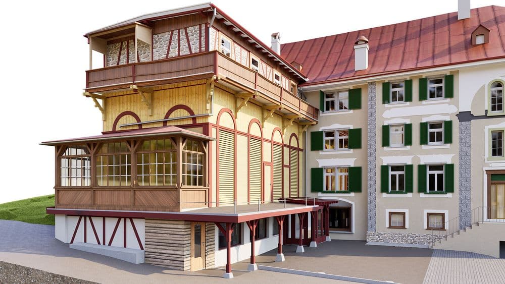 3D-Visualisierung eines historischen Gebäudekomplexes mit Fachwerk-Anbau, großen Fenstern und rotem Dach neben einem mehrstöckigen Haus mit grünen Fensterläden, Außenansicht bei Tageslicht.