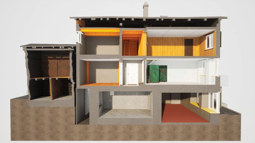 Gebäudeschnittzeichnung zeigt dreistöckiges Haus, Architekturdetails und Innenstruktur.