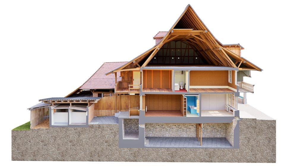 3D-Schnittansicht eines Holzhauses im Alpenstil mit Dachstuhl, Wohnräumen, Garage und Keller – Architektur-Rendering als Querschnitt durch Gebäude und Fundament.