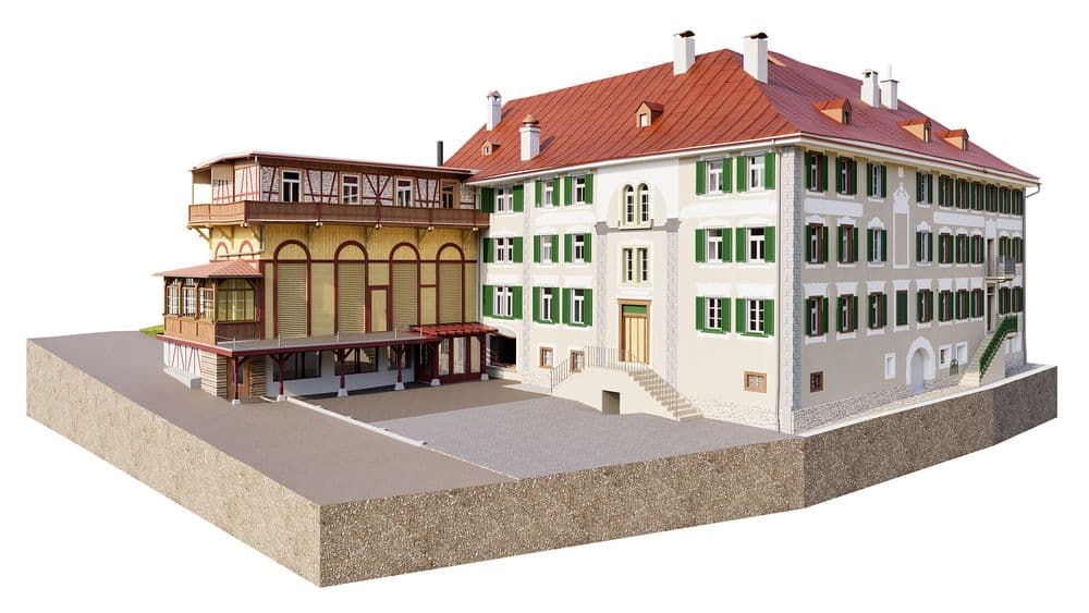 3D-Visualisierung eines historischen Gebäudekomplexes mit weißer Fassade, grünen Fensterläden und rotem Ziegeldach, ergänzt durch einen Anbau mit Balkonen; Architekturmodell auf freigestelltem Hintergrund.