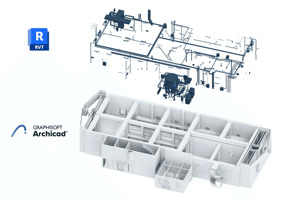 3D-Architekturmodell und technische Zeichnung, erstellt mit Graphisoft Archicad und RVT-Plugin.