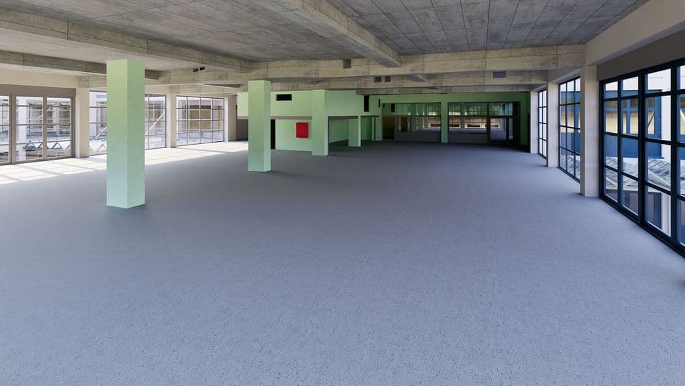 3D-Visualisierung eines leeren, offenen Innenraums mit Betondecke, Stützpfeilern und großen Fensterfronten; moderne Industriearchitektur mit viel Tageslicht und weitläufiger Fläche.