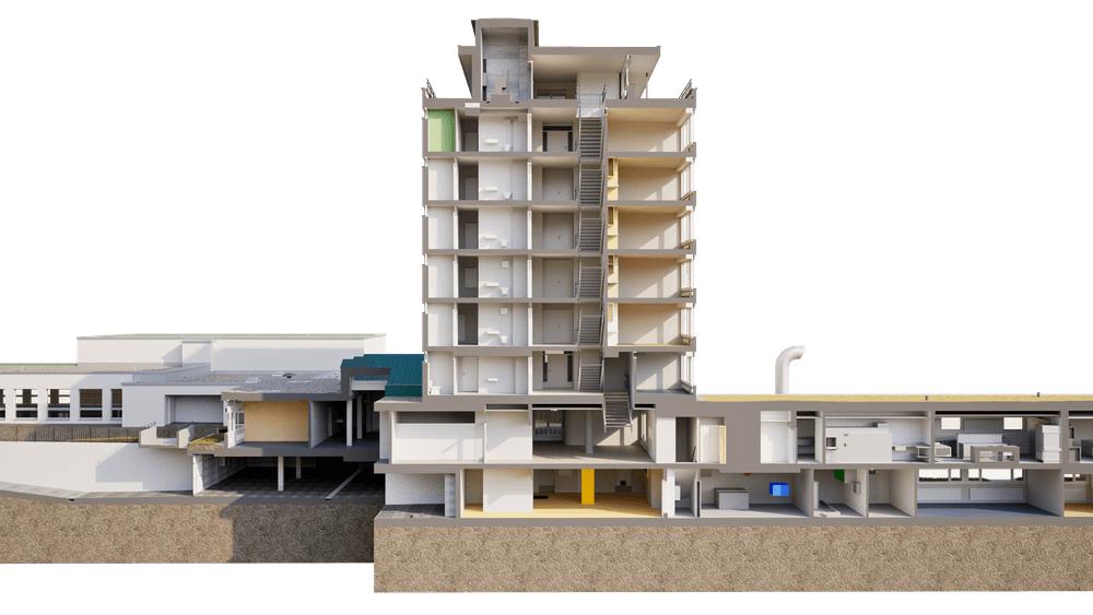 3D-Architektur-Querschnitt eines mehrstöckigen Gebäudekomplexes mit Innenräumen, Treppenhaus und technischen Anlagen, Schnittmodell zur Bauplanung und Visualisierung