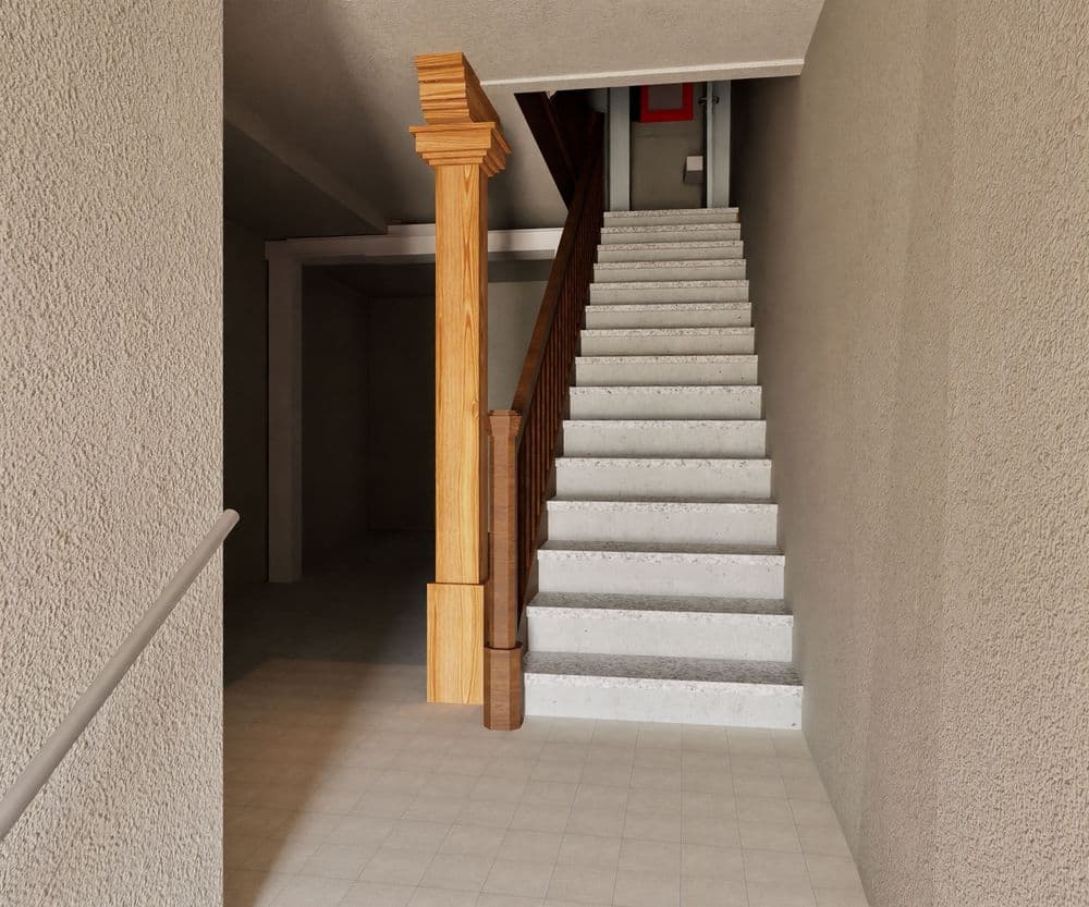 3D-Visualisierung eines Treppenhauses mit grauer Betontreppe, Holzgeländer und Holzstützpfosten, beige Wände und Fliesenboden, Blick nach oben zum Podest.