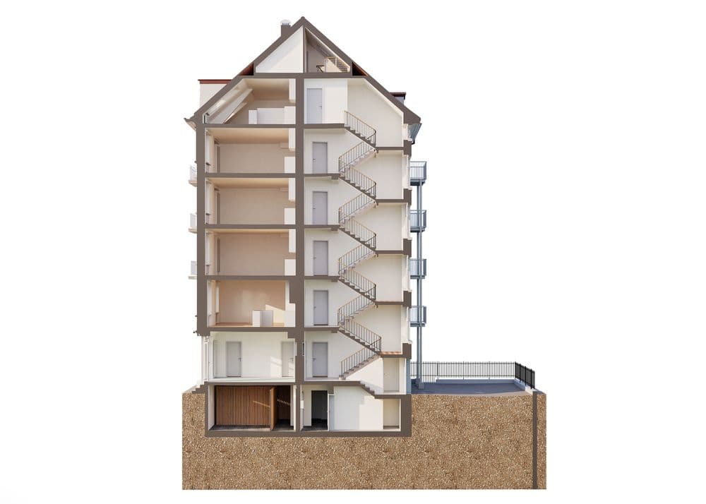 Mehrstöckiges Wohnhaus im Querschnitt, zeigt Räume, Treppenhaus und Untergeschoss. Perfekt für Architektur-SEO und Barrierefreiheit.