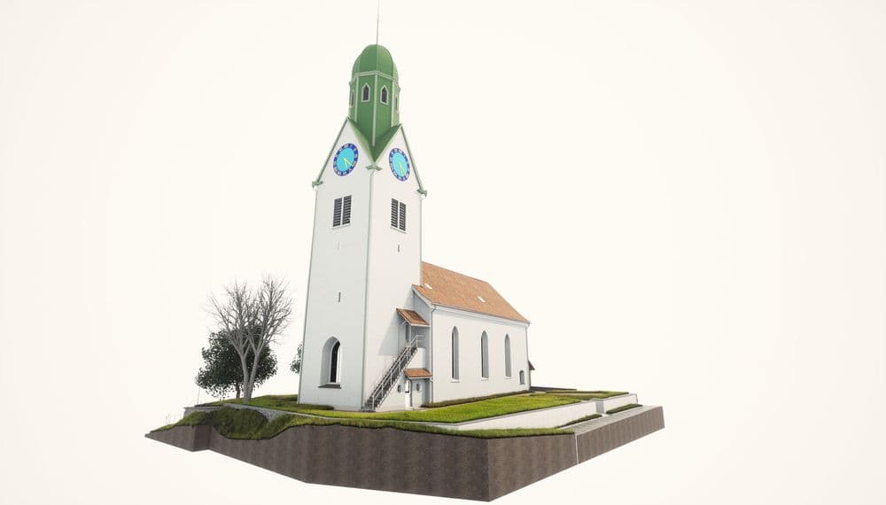 3D-Modell einer Kirche mit hohem grünen Turm und umliegender Landschaft.