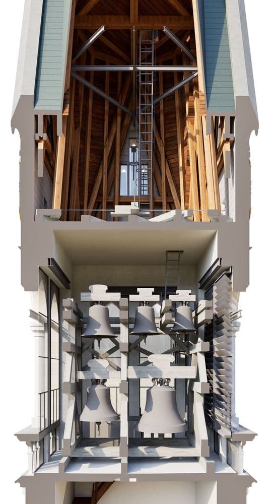 3D-Schnittansicht eines Kirchturms mit Holz-Dachstuhl und Glockenstuhl: mehrere Kirchenglocken im Inneren, sichtbar durch Fenster und Querschnitt, architektonische Darstellung in hoher Detailtiefe.