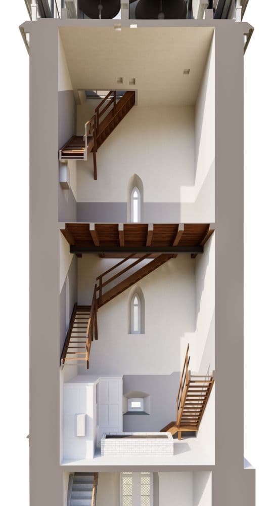 3D-Schnittansicht eines mehrstöckigen Turminnenraums mit Holztreppen, Podesten und Galerie, weißen Wänden und schmalen Spitzbogenfenstern.