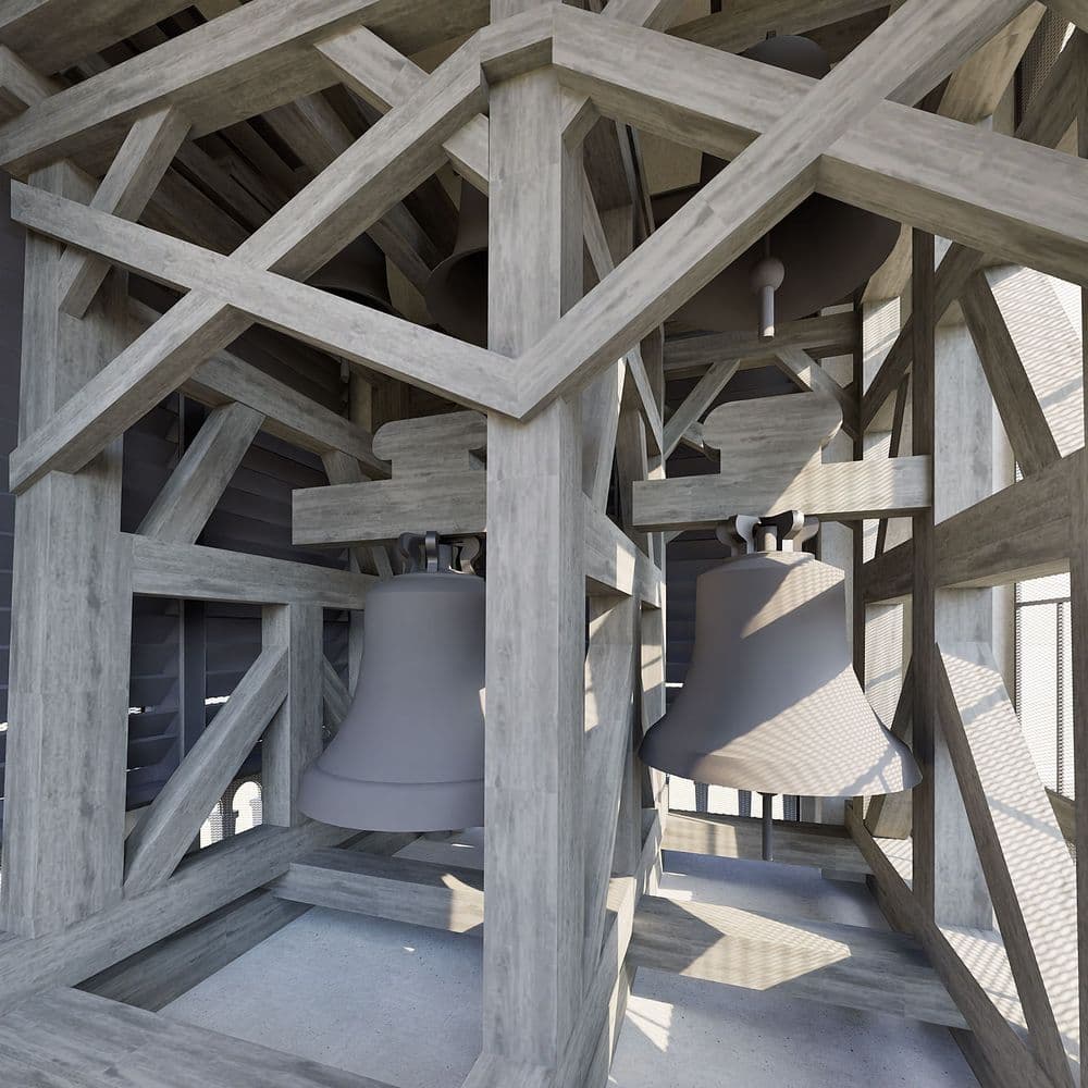 Zwei große Kirchenglocken in einem hölzernen Glockenstuhl im Kirchturm, Detailansicht der Holzbalken-Konstruktion mit Sonnenlicht und Schatten.