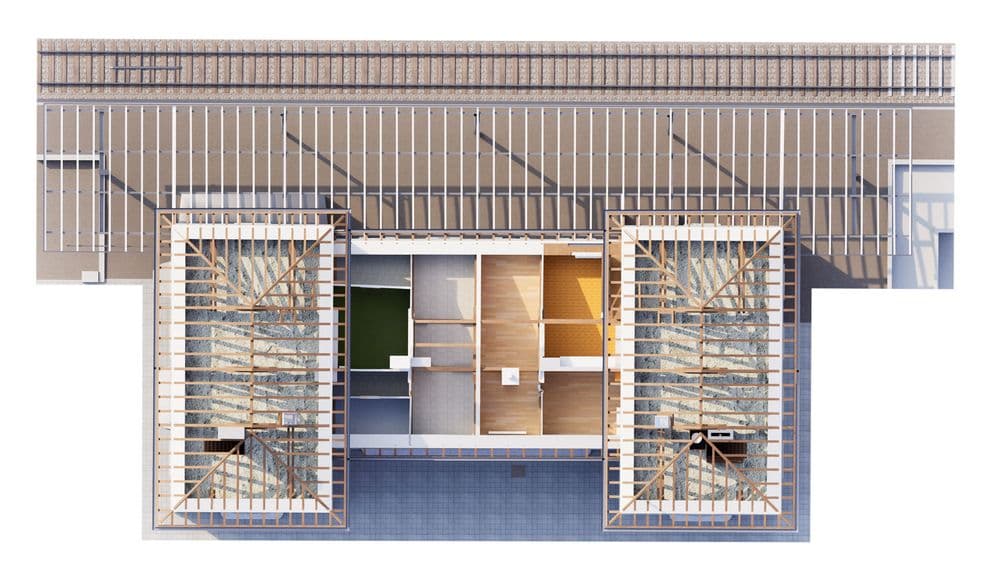 Draufsicht Grundriss eines Gebäudes mit zwei Treppenhäusern, Flur und mehreren Räumen, architektonische 3D-Visualisierung von oben, Rasterböden und Innenwänden in Beige und Grau.