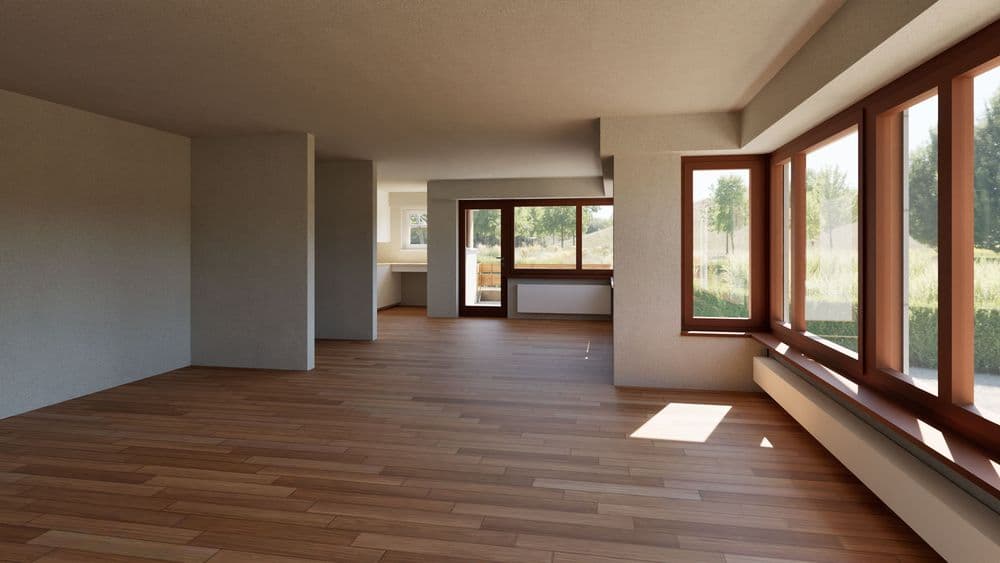 Heller, leerer Wohnraum mit Holzparkett, großen bodentiefen Fenstern und Blick ins Grüne; modern offene Raumaufteilung mit Stützen und viel Tageslicht.