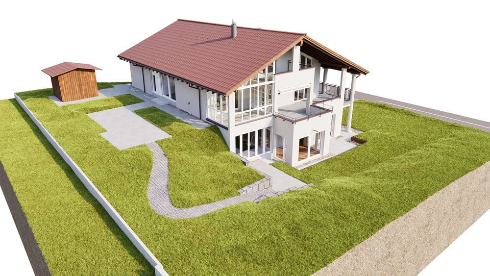 3D-Visualisierung eines modernen Einfamilienhauses mit Satteldach, großen Fenstern und Balkon, auf grünem Grundstück mit Zufahrt, Gehwegen und kleinem Holzschuppen, Ansicht aus der Vogelperspektive.