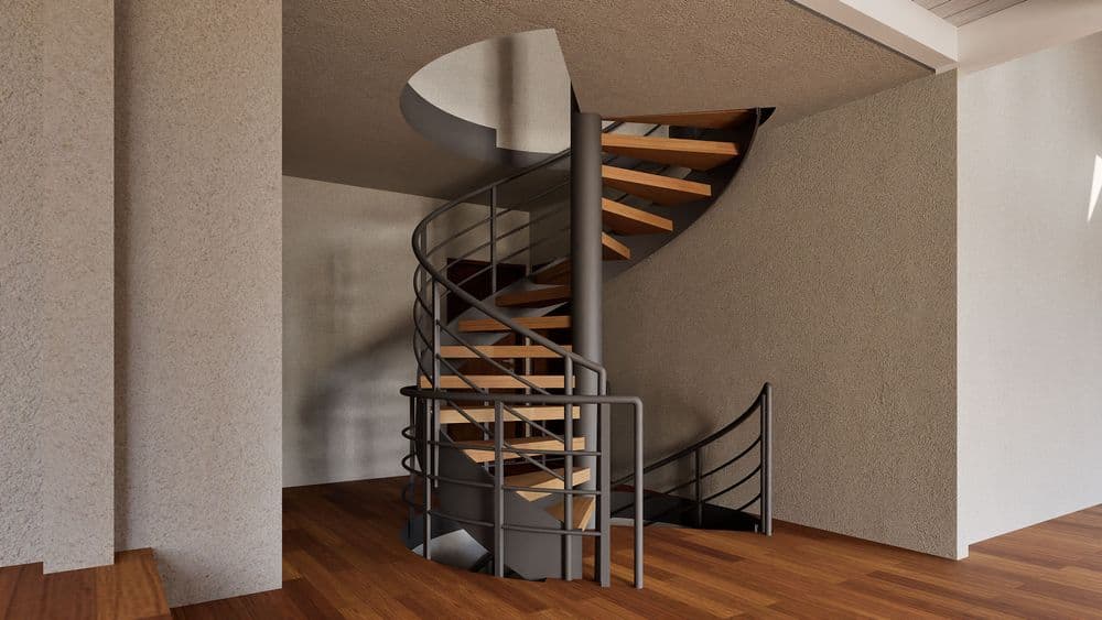 Moderne Wendeltreppe aus Metall mit Holzstufen in minimalistischer Innenarchitektur, graue Wände und Holzboden, Blick auf Treppenaufgang mit Geländer.