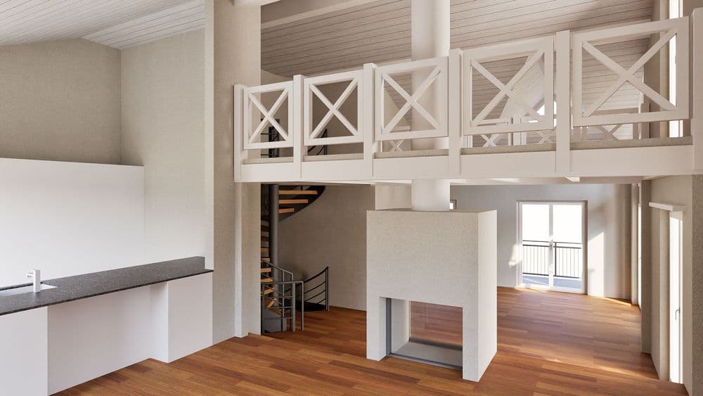 Helles Loft-Interieur mit Galerie, weißem Geländer, Holzfußboden, Kamin, offener Küche und Wendeltreppe; große Fenster sorgen für viel Tageslicht.