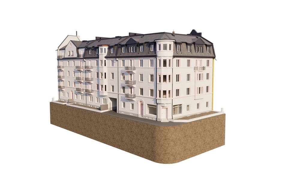 3D-Modell eines klassischen Wohngebäudes mit weißer Fassade und Mansarddach auf weißem Hintergrund.