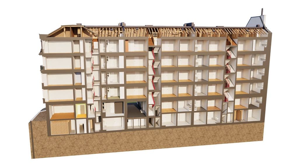 Modell eines Gebäudeschnitts zur Darstellung der Innenarchitektur und Konstruktion.