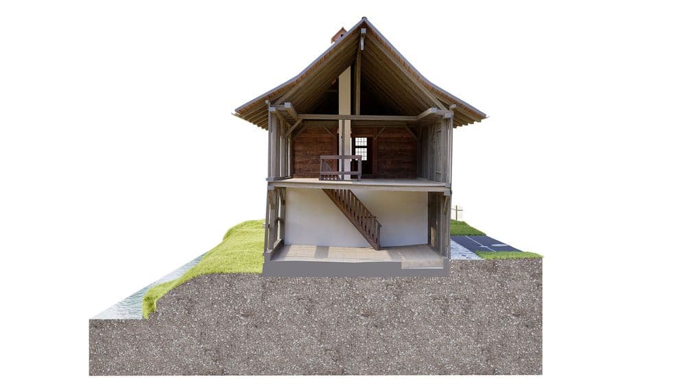 Gebäudeschnitt eines Hauses mit detaillierter Innenansicht, zeigt die Architektur und Raumaufteilung über zwei Etagen.