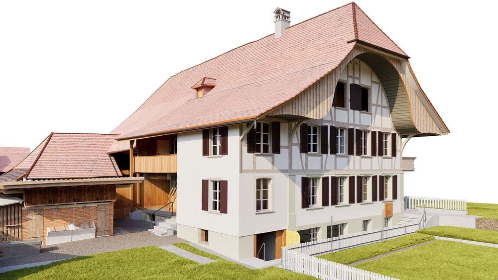 3D-Visualisierung eines traditionellen Schweizer Bauernhauses mit großem Satteldach, weißer Fassade, Holzdetails und angebauter Scheune, umgeben von Grünfläche und Zaun.
