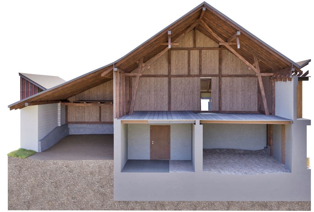 3D-Schnittansicht eines Scheunen- oder Bauernhausgebäudes mit Holzdachstuhl, zwei Innenräumen und Fundament im Querschnitt, architektonische Visualisierung auf weißem Hintergrund