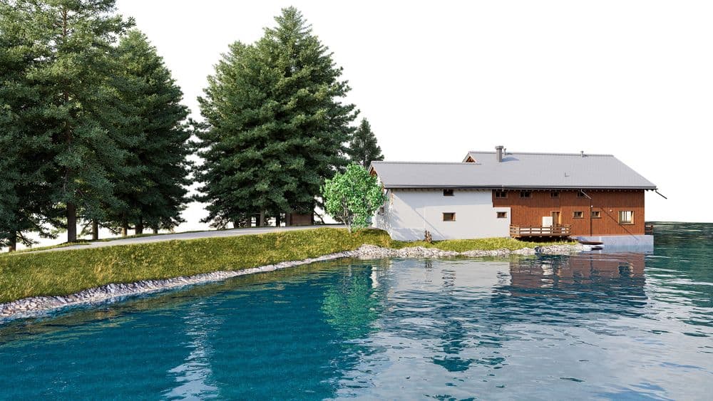 3D-Visualisierung eines modernen Seehauses mit Holzfassade am Ufer, umgeben von Nadelbäumen; ruhige Wasseroberfläche mit Spiegelungen, Wiese und Steinböschung am Rand.