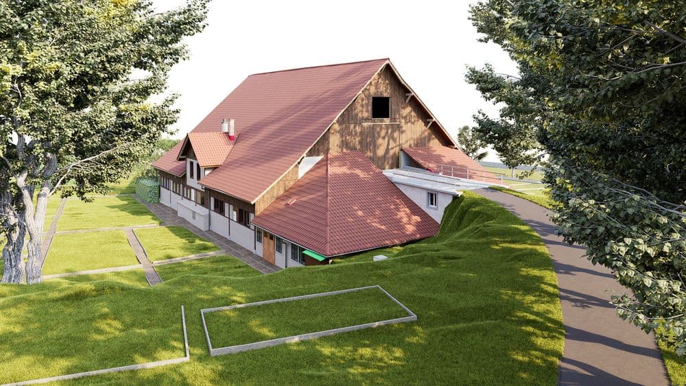 3D-Visualisierung eines ländlichen Holzhauses mit rotem Satteldach, Nebendach und Rampe, umgeben von grüner Wiese, Bäumen und Zufahrtsweg.