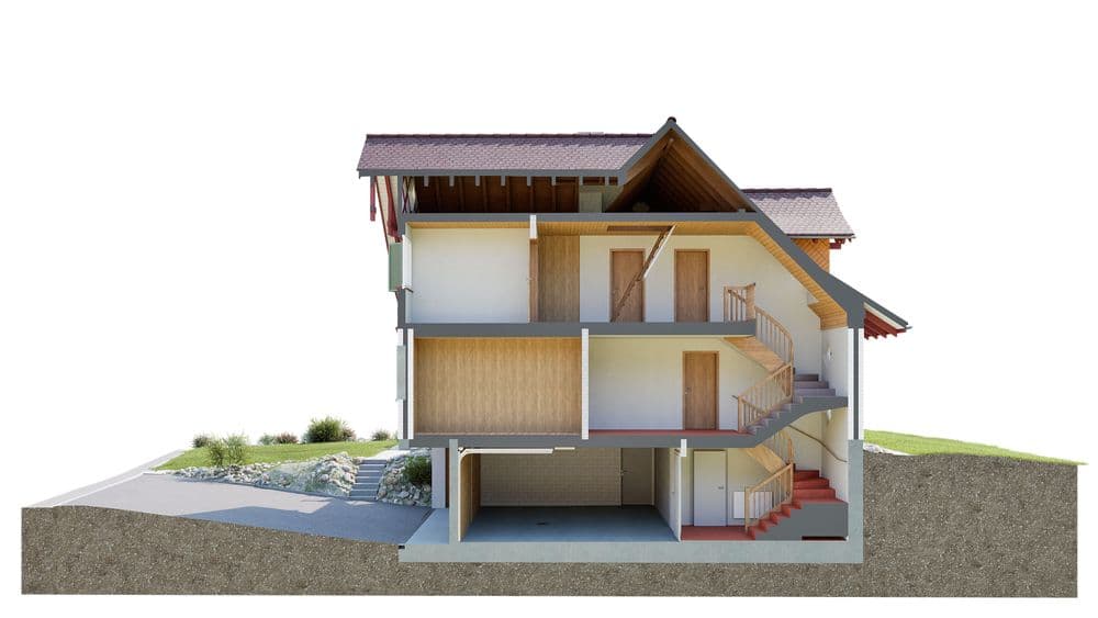 Querschnitt eines mehrstöckigen Hauses mit Holz- und Betonelementen, Außentreppen und Gartenbereich.