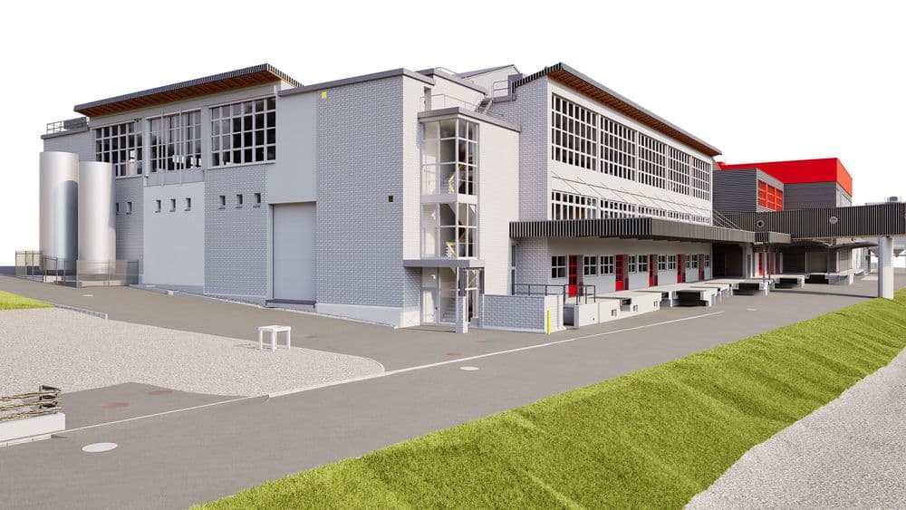 3D-Visualisierung eines modernen Industriegebäudes mit weißen Fassaden, großen Fensterfronten, Anbau in Rot und überdachtem Ladebereich; Außenansicht mit Zufahrt, Gehweg und Grünstreifen.