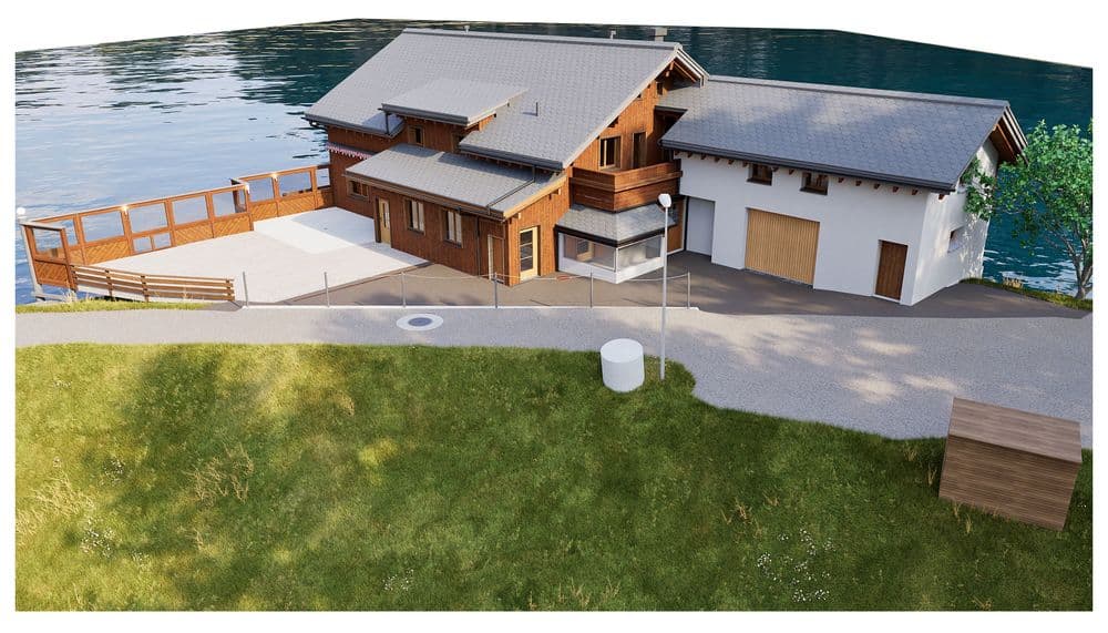 3D-Architekturvisualisierung eines modernen Holzchalets am See mit Terrasse, Steg, angrenzender Garage und Zufahrt, umgeben von Grünfläche.