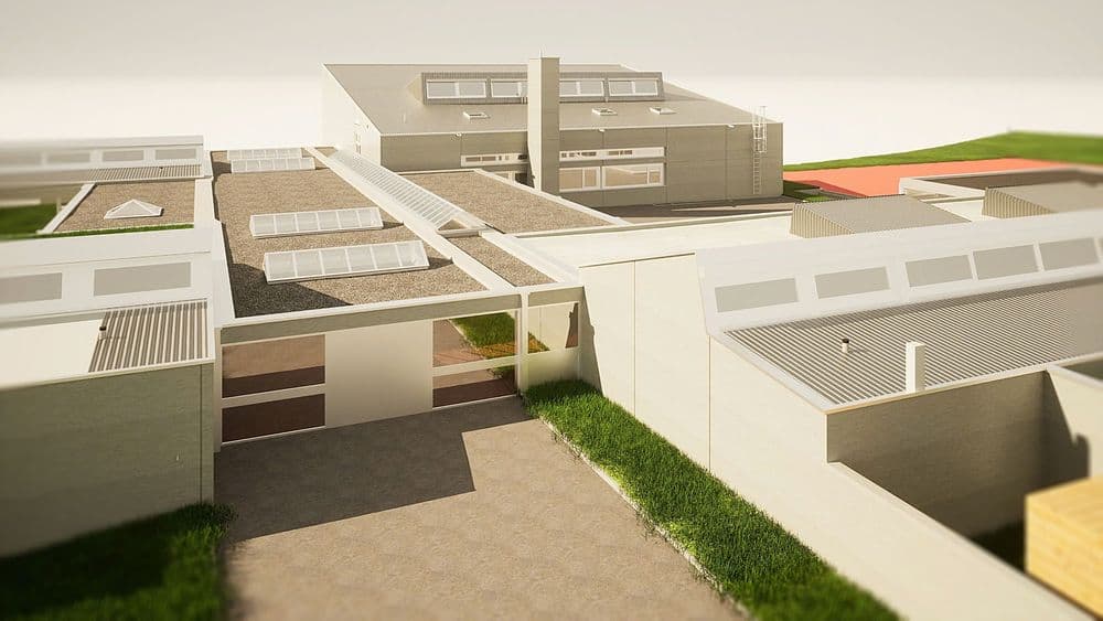 3D-Visualisierung von modernen Wohngebäuden mit Flachdächern und Solarpaneelen.