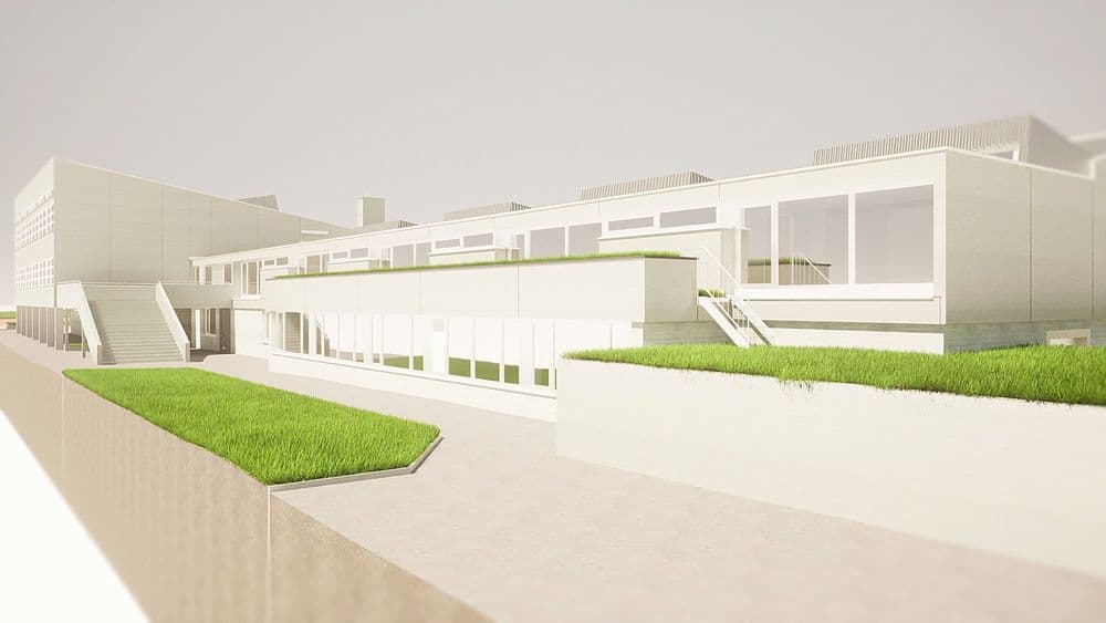 Moderner Architektenentwurf eines Bürogebäudes mit begrünten Flachdächern und Terrassen.