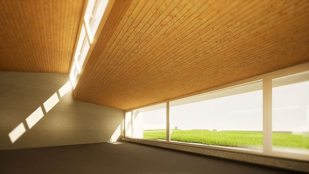 Moderne Architektur mit großen Fenstern und Holzdecke, natürliches Licht.
