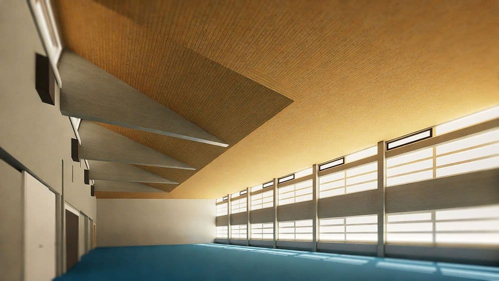 Innenansicht einer modernen Sporthalle mit Holzdecke und großer Fensterfront.