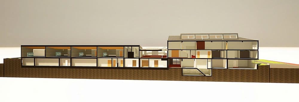 Moderner Architekturentwurf eines Mehrfamilienhauses mit gestaffelten Ebenen und klaren Linien.