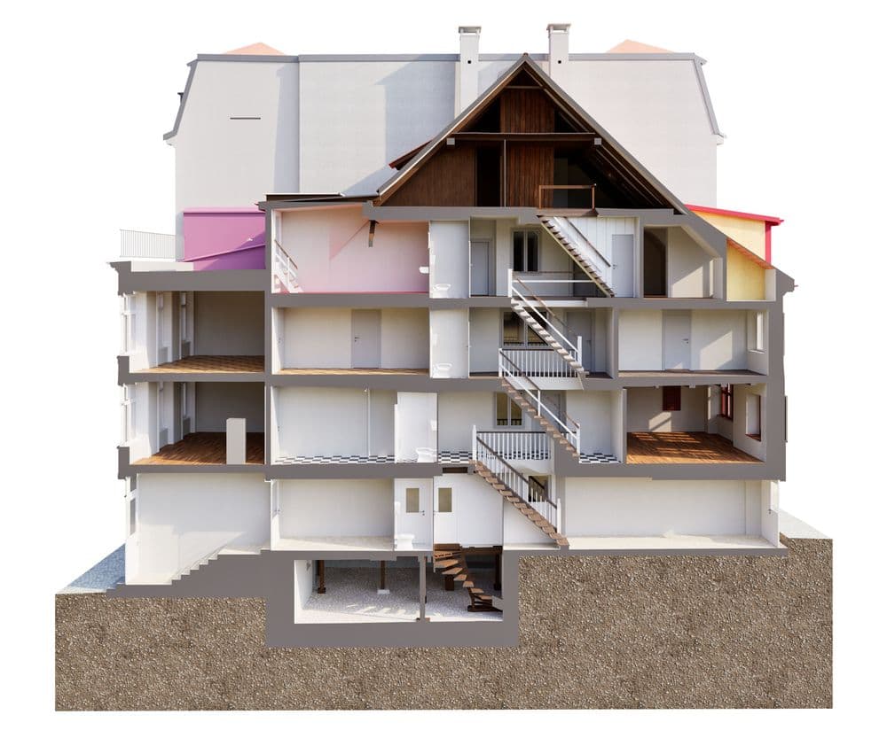 3D-Schnittmodell eines mehrstöckigen Wohnhauses mit Dachgeschoss, Treppenhaus, Etagen und Keller – Architektur-Querschnitt mit Innenräumen und Fundament auf weißem Hintergrund.