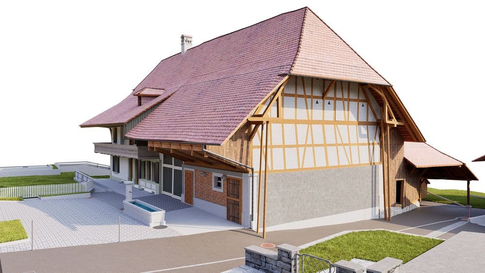 3D-Visualisierung eines traditionellen Bauernhauses mit Fachwerk, großem Satteldach, Balkon und modernem Hofbereich mit Pflaster, Rasen und Überdachung, Außenansicht im Tageslicht auf weißem Hintergrund