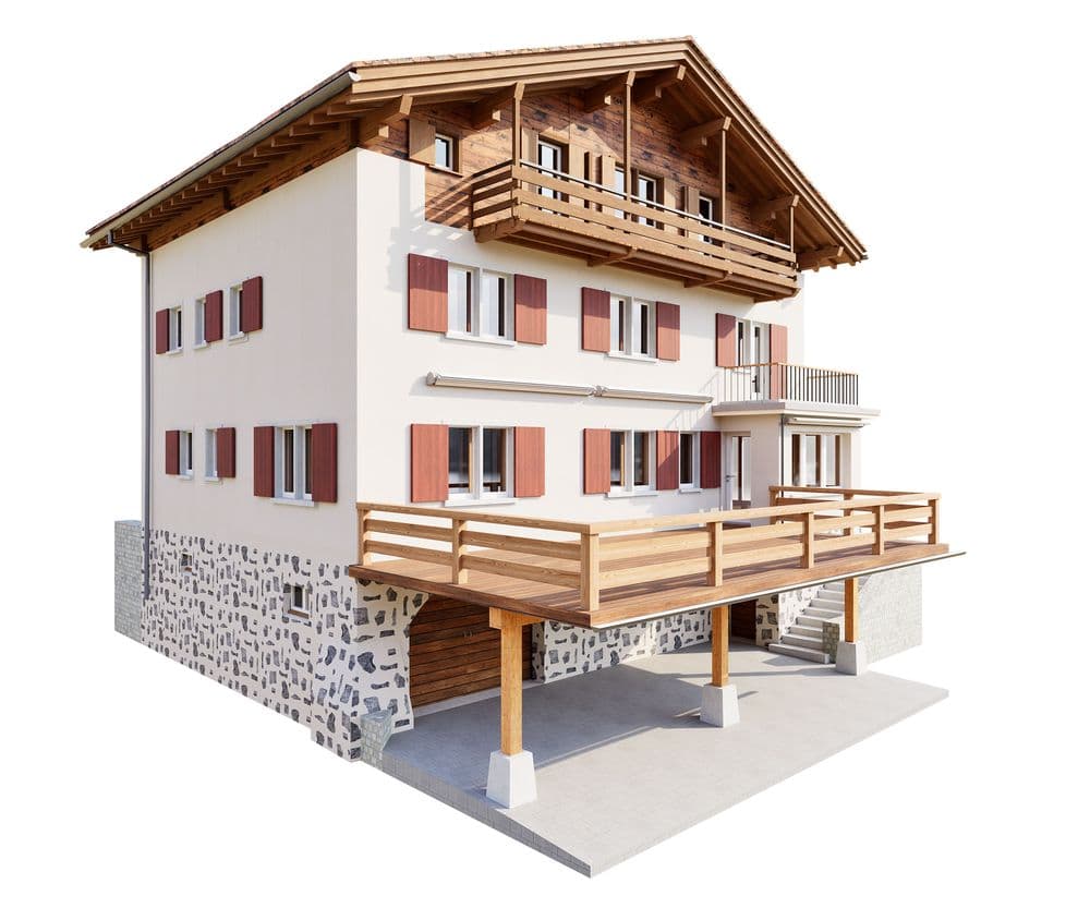 3D-Render eines modernen Chalets mit weißer Fassade, Holz-Dachüberstand, Balkonen und großer Holzterrasse auf Steinsockel, freigestellt auf weißem Hintergrund.