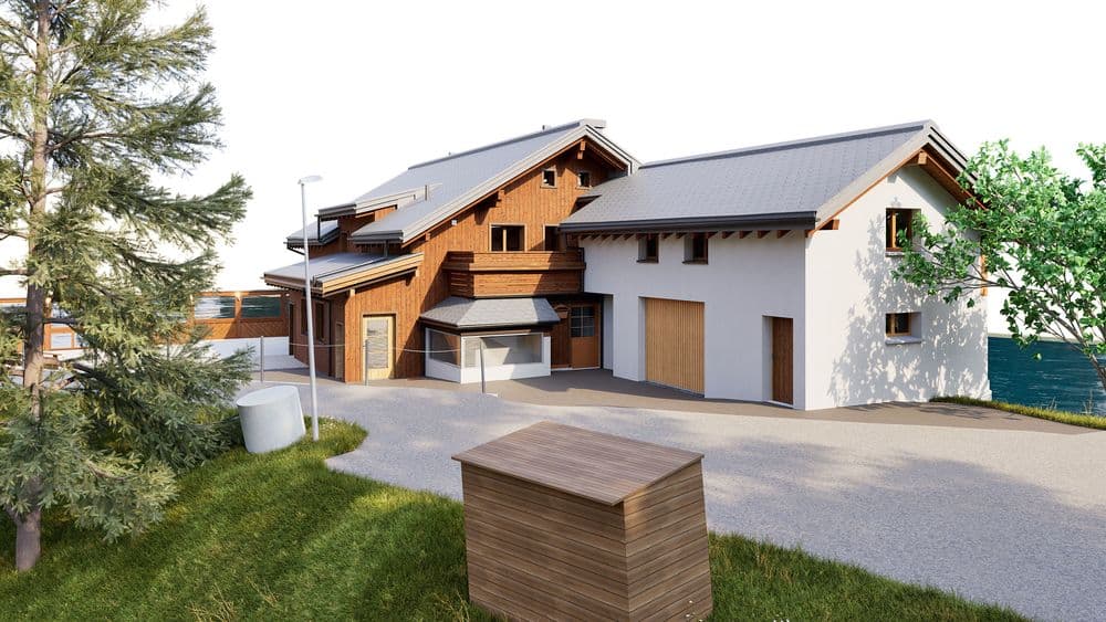 3D-Architekturvisualisierung eines modernen Chalet-Hauses mit Holz- und Weißputzfassade, Satteldach, Garage und Zufahrt, umgeben von Grünfläche und Bäumen.