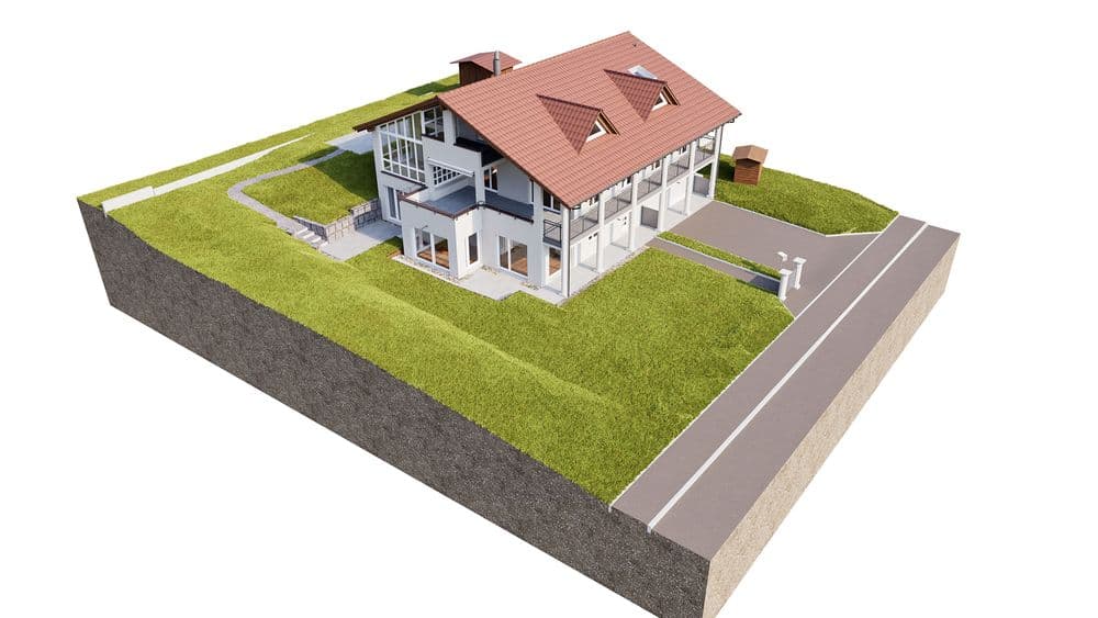 3D-Architekturvisualisierung eines modernen Mehrfamilienhauses mit rotem Satteldach, Balkonen und Terrasse auf Grünfläche, mit Zufahrtstraße und Gehwegen, isometrische Ansicht auf Grundstücksschnitt.