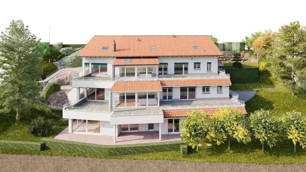 3D-Architekturvisualisierung eines modernen Mehrfamilienhauses mit rotem Ziegeldach, großen Balkonen und Terrassen in grüner Gartenanlage, Hanglage, helle Fassade, umgeben von Bäumen und Hecken.