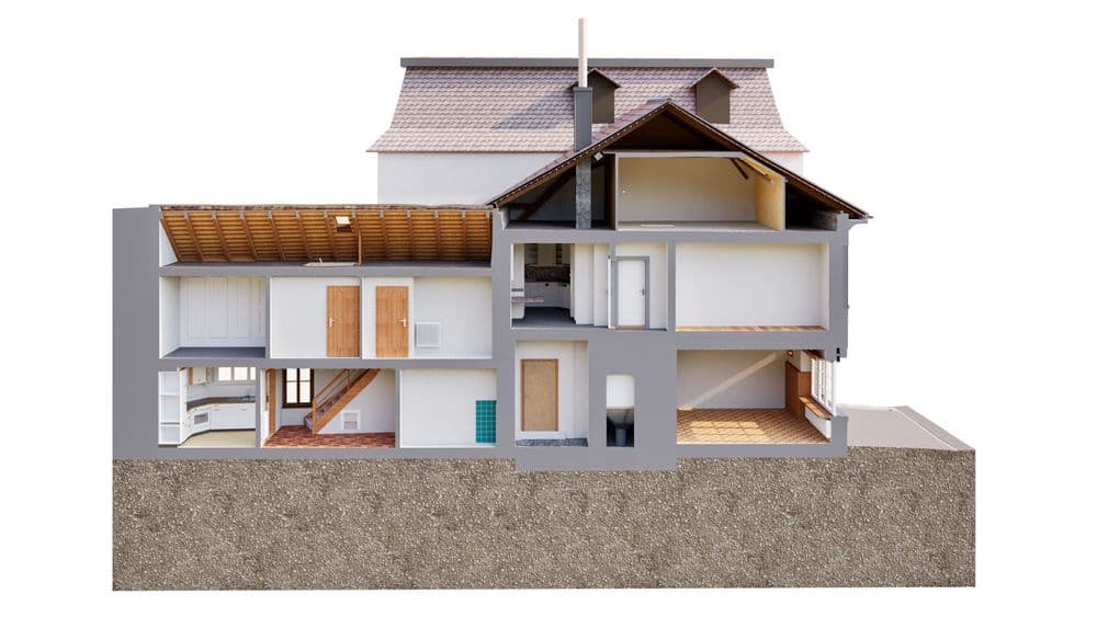 3D-Schnittmodell eines zweistöckigen Hauses mit Dachgeschoss: Blick ins Innere mit Räumen, Treppe, Holzbalken und Fundament, Architektur-Querschnitt auf weißem Hintergrund.