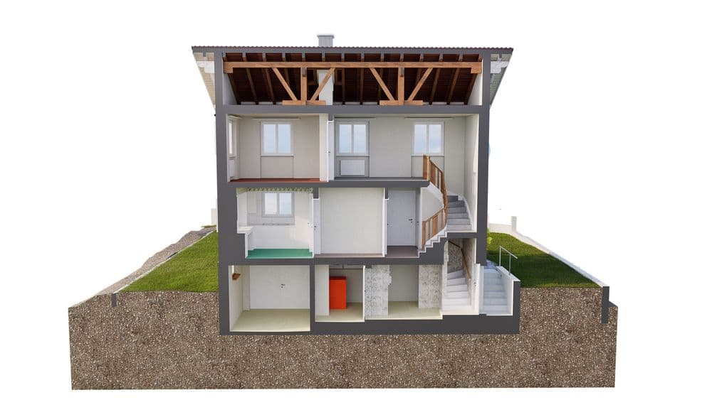 Ein Querschnitt eines dreistöckigen Hauses mit sichtbaren Räumen und Treppenhaus, umgeben von Erde.