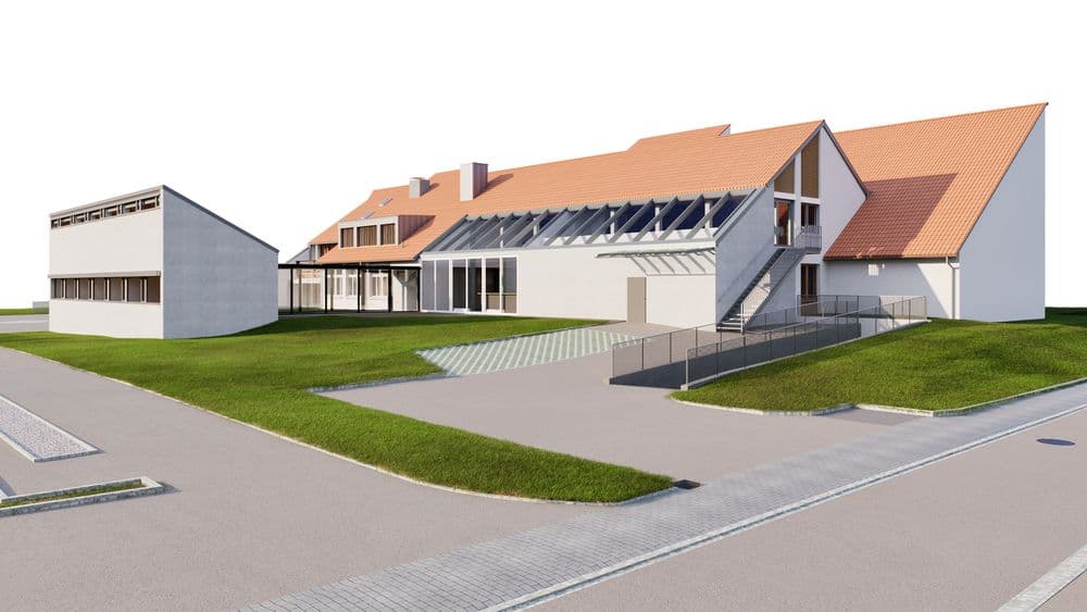Modernes Gebäude mit schrägen Dächern, großen Fenstern und angrenzenden Grünflächen. Architekturillustration mit klaren Linien und strukturiertem Design.
