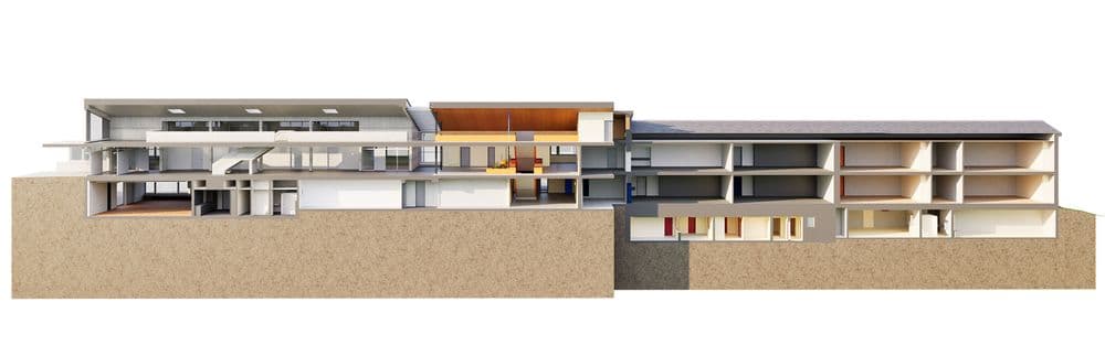 Ein architektonischer Querschnitt eines mehrstöckigen Gebäudes zeigt Innenräume und Strukturen, einschließlich Raumaufteilung und Baumaterialien.