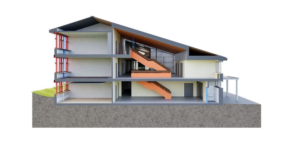 Querschnitt eines modernen Gebäudes mit drei Etagen, offenen Räumen und markantem Treppenhaus.
