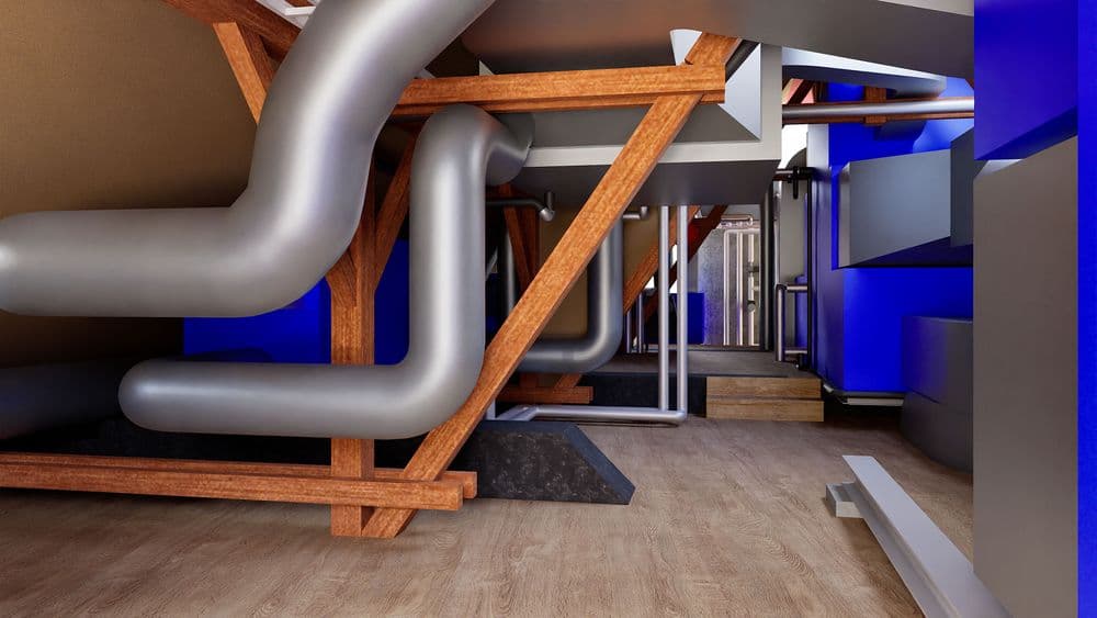 3D-Visualisierung eines Technikraums: große Metallrohre und Lüftungskanäle auf Holzrahmen, blaue Maschinengehäuse, Kabeltrassen und Gang auf Holzfußboden im Industriegebäude.