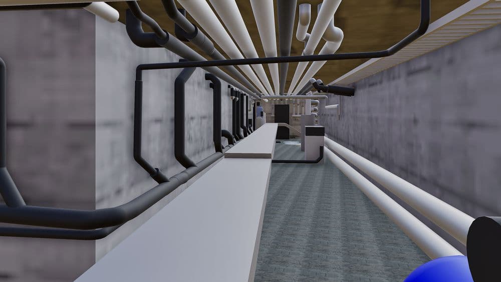 3D-Visualisierung eines technischen Korridors mit vielen Rohrleitungen und Kabeltrassen an Decke und Wänden, graue Betonwände, langer Gang in Perspektive, Industrieanlage oder Maschinenraum.