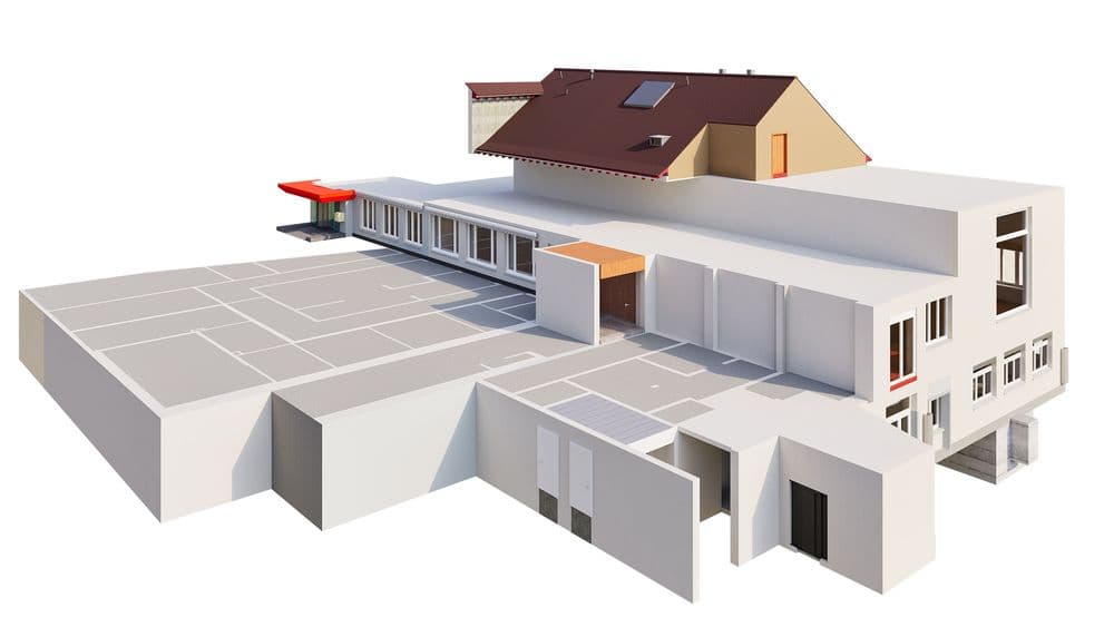 3D-Rendering eines modernen Gebäudekomplexes mit Flachdach, Parkflächen und angeschlossenem Wohnhaus mit Satteldach, Außenansicht auf weißem Hintergrund.