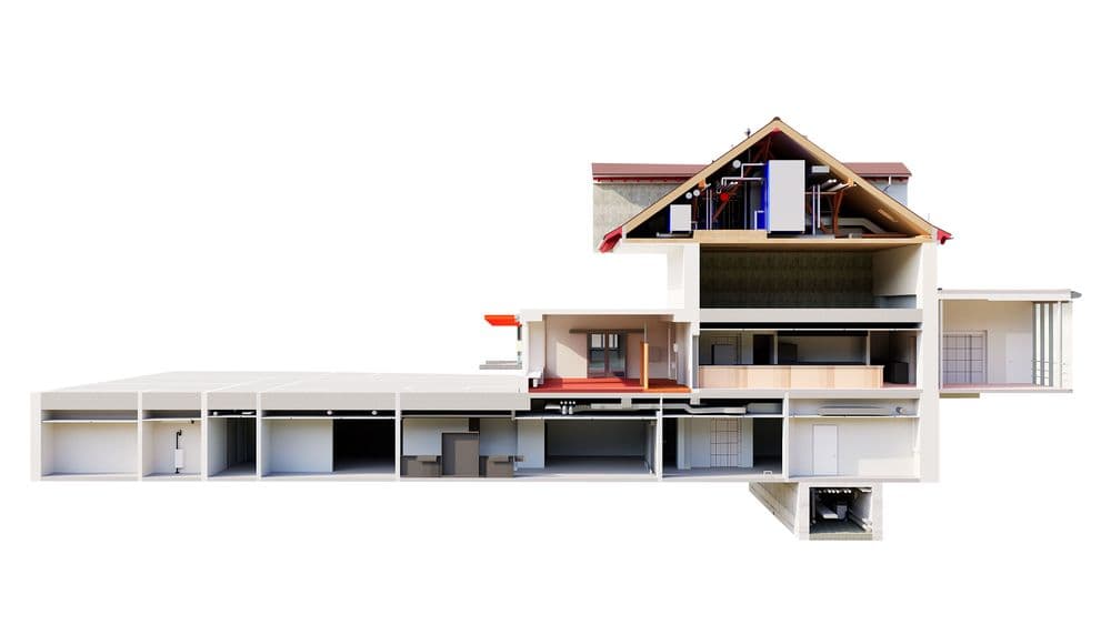 Schnittmodell eines modernen Einfamilienhauses mit Dachgeschoss und Keller, zeigt Räume, Leitungen und Haustechnik im Querschnitt – Architektur-Visualisierung auf weißem Hintergrund.