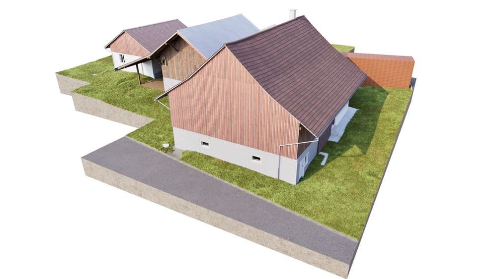 3D-Architekturvisualisierung eines Einfamilienhauses mit Satteldach und Holzfassade auf Grundstück mit Rasen, Zufahrt und Nebengebäuden, Ansicht schräg von oben.